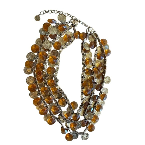 Vintage Signed HOBE Rare Egyptian Bib Necklace Lucite Yellow Beads & Gold Coins - Picture 1 of 6